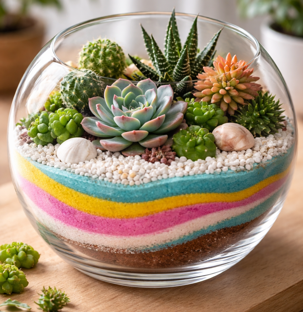 Terrários: como montar mini jardins decorativos usando areia colorida